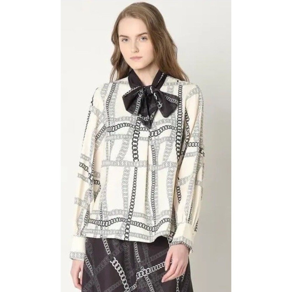 Vero Moda Women's Equestrian Chain Print Relaxed Fit Blouse Size XL Bow‎ Collar